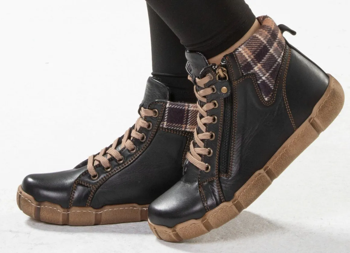 Andrea Conti Schnür-Bootie mit Schaftrand aus kariertem Textil