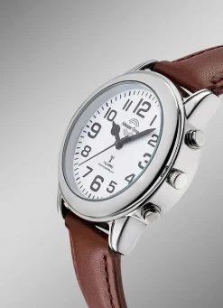 Funk-Herrenuhr mit Lederband und sprechender Zeitansage