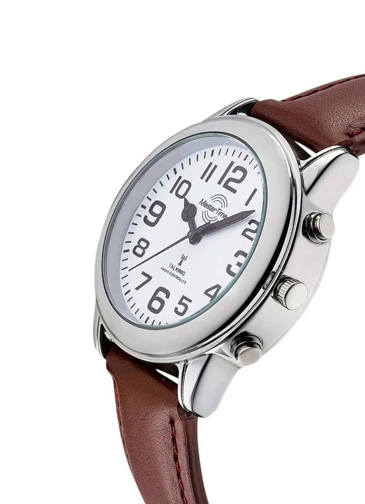 Funk-Herrenuhr mit Lederband und sprechender Zeitansage