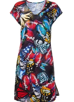Kleid mit farbbrillantem Druckdessin und überschnittenen Ärmeln