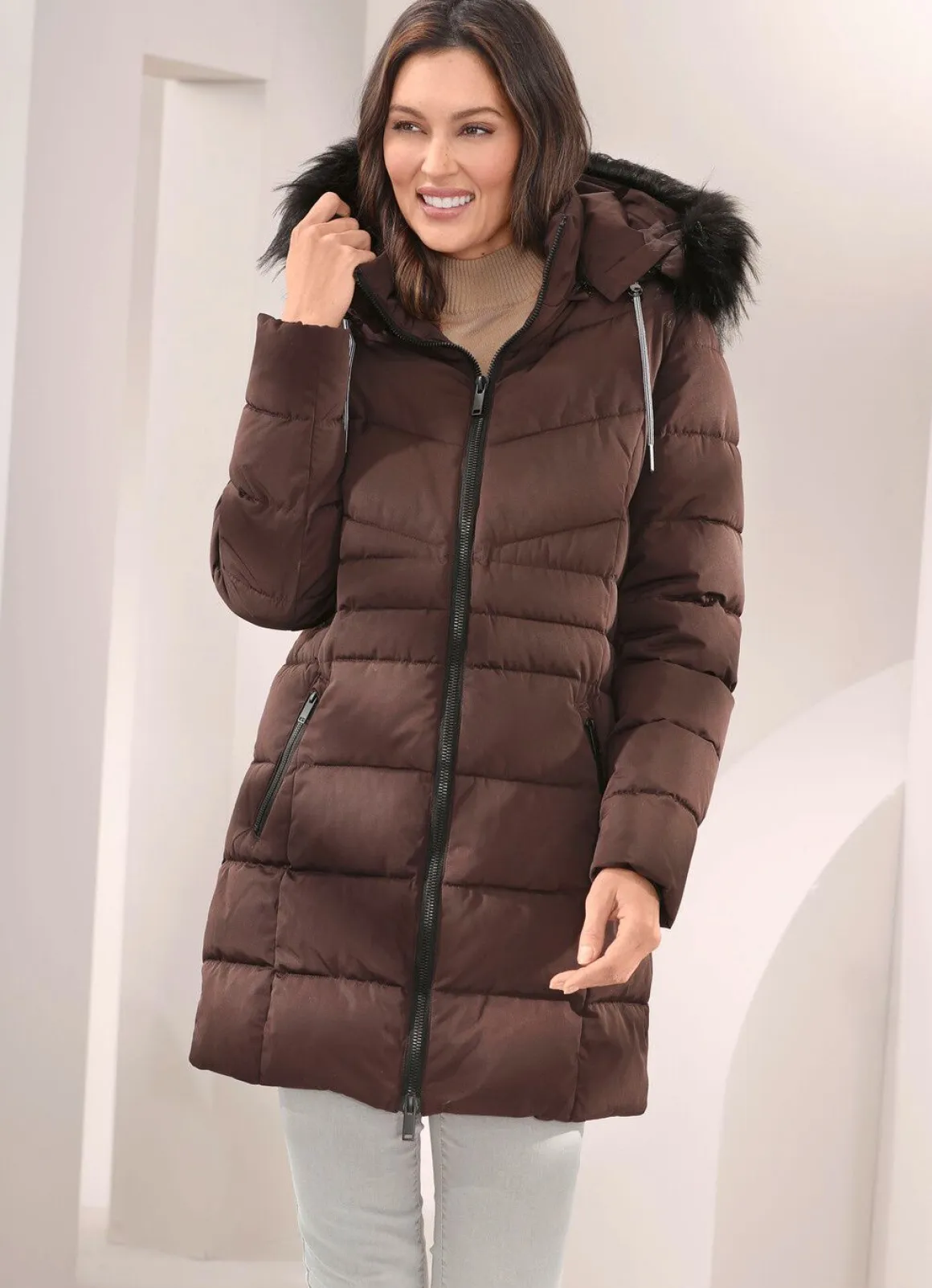 Longjacke mit abnehmbarem Kunstpelz-Besatz