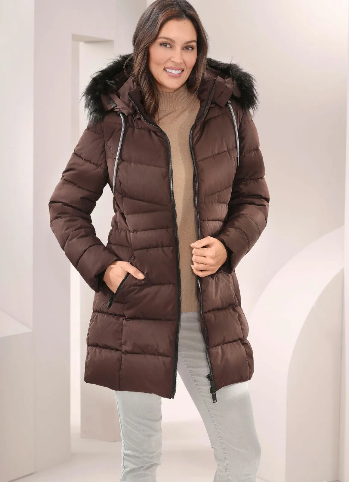 Longjacke mit abnehmbarem Kunstpelz-Besatz