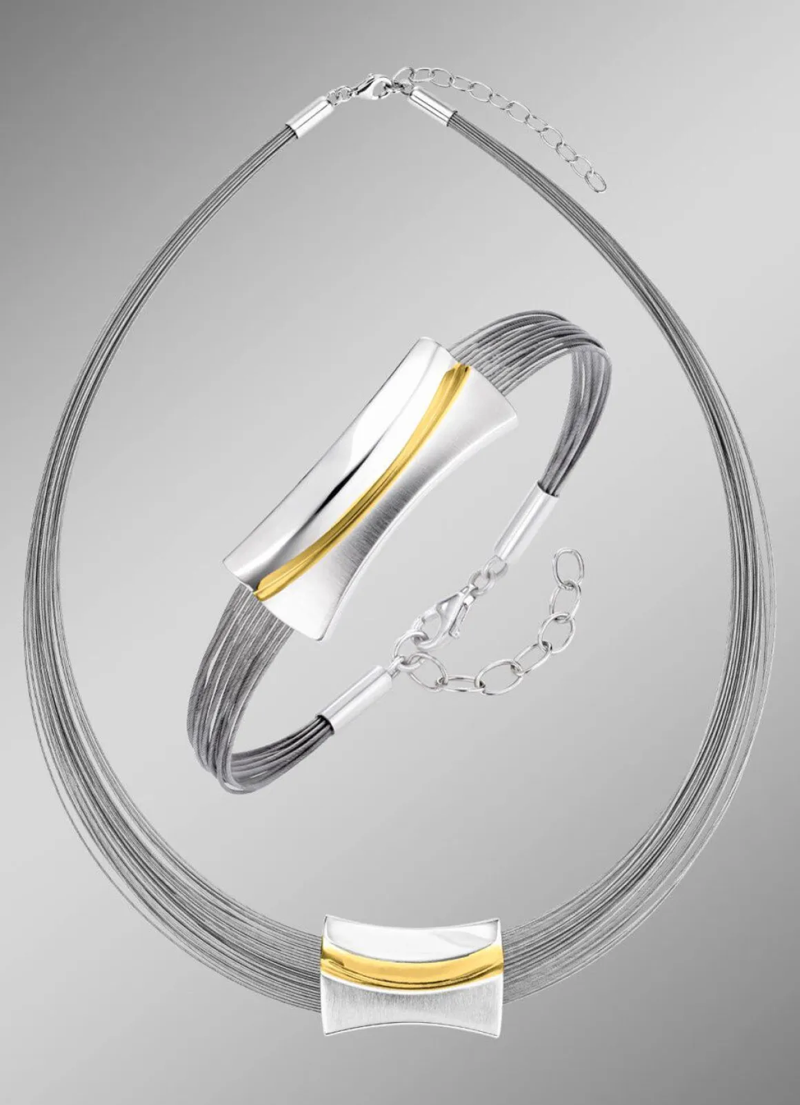 Moderne Garnitur in Bicolor aus Silber 925/- fein und Stahl