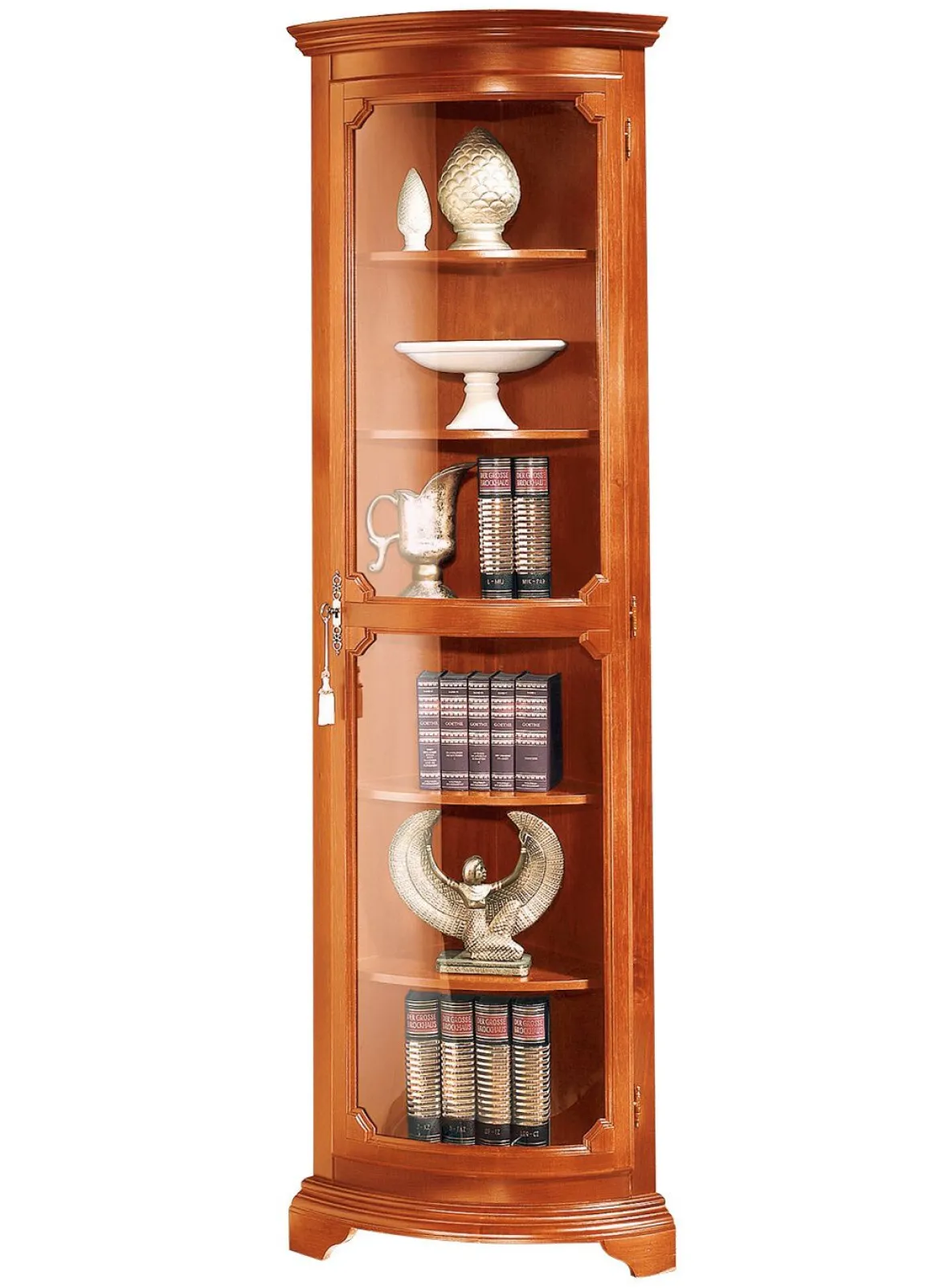 Teilmassive Eckvitrine mit gebogenen Glastüren mit Schloss