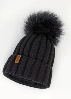 Trendige Damen-Mütze mit breitem Umschlag und Kunstfell-Bommel