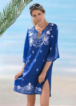 Tunika mit weißer Stickerei sowie Seitenschlitzen, reine Baumwolle